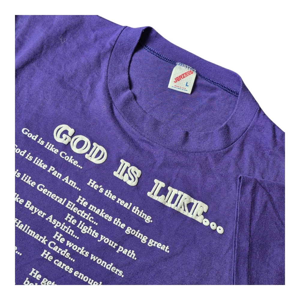 VTG Jerzees Men's L Christian Tee God Is Like Isn't God the Greatest Purple USA